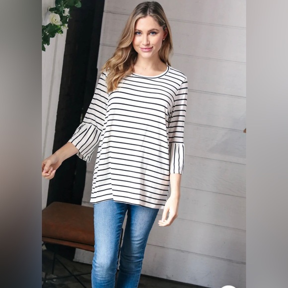 PLUS Ivory Black Neck Yarn Dye Stripe Elbow Bell Sleeve Top - Picture 7 of 7